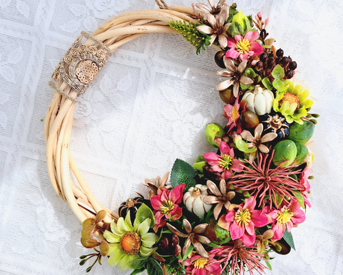 高品質造花リース エレガントなハーフリース ナチュラル クラシカル