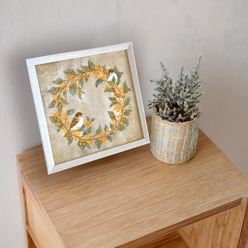 金木犀とスズメたち」 フレーム付き絵画 アート 原画 絵画 紫苑工房