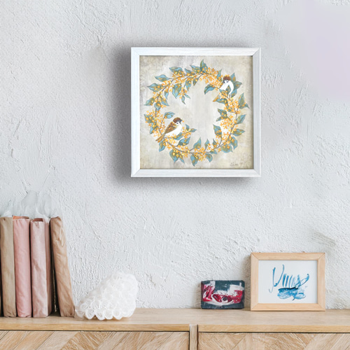 金木犀とスズメたち」 フレーム付き絵画 アート 原画 絵画 紫苑工房
