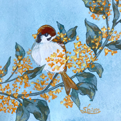金木犀とスズメたち」 フレーム付き絵画 アート 原画 絵画 紫苑