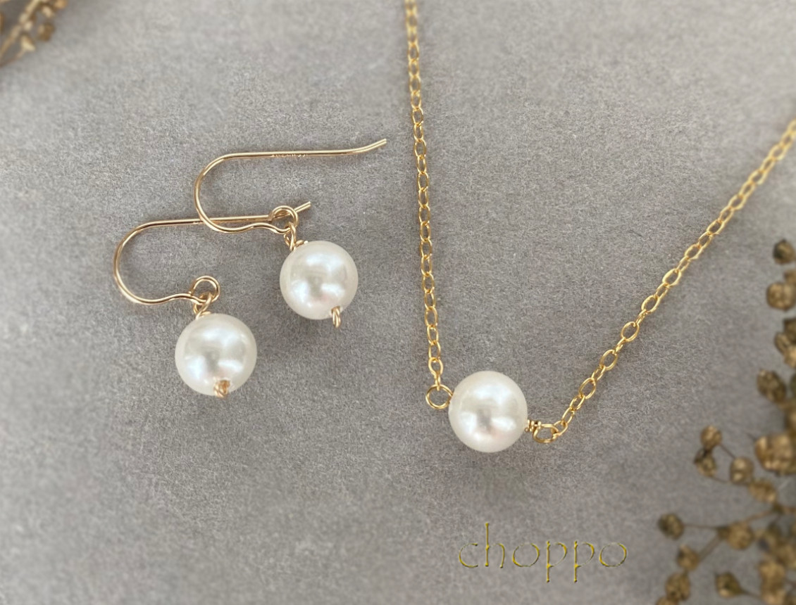 シェルパールの1粒ネックレス＆ピアス2点セット　14kgf　シンプル　誕生石　ウェディング　上品　フォーマル　白
