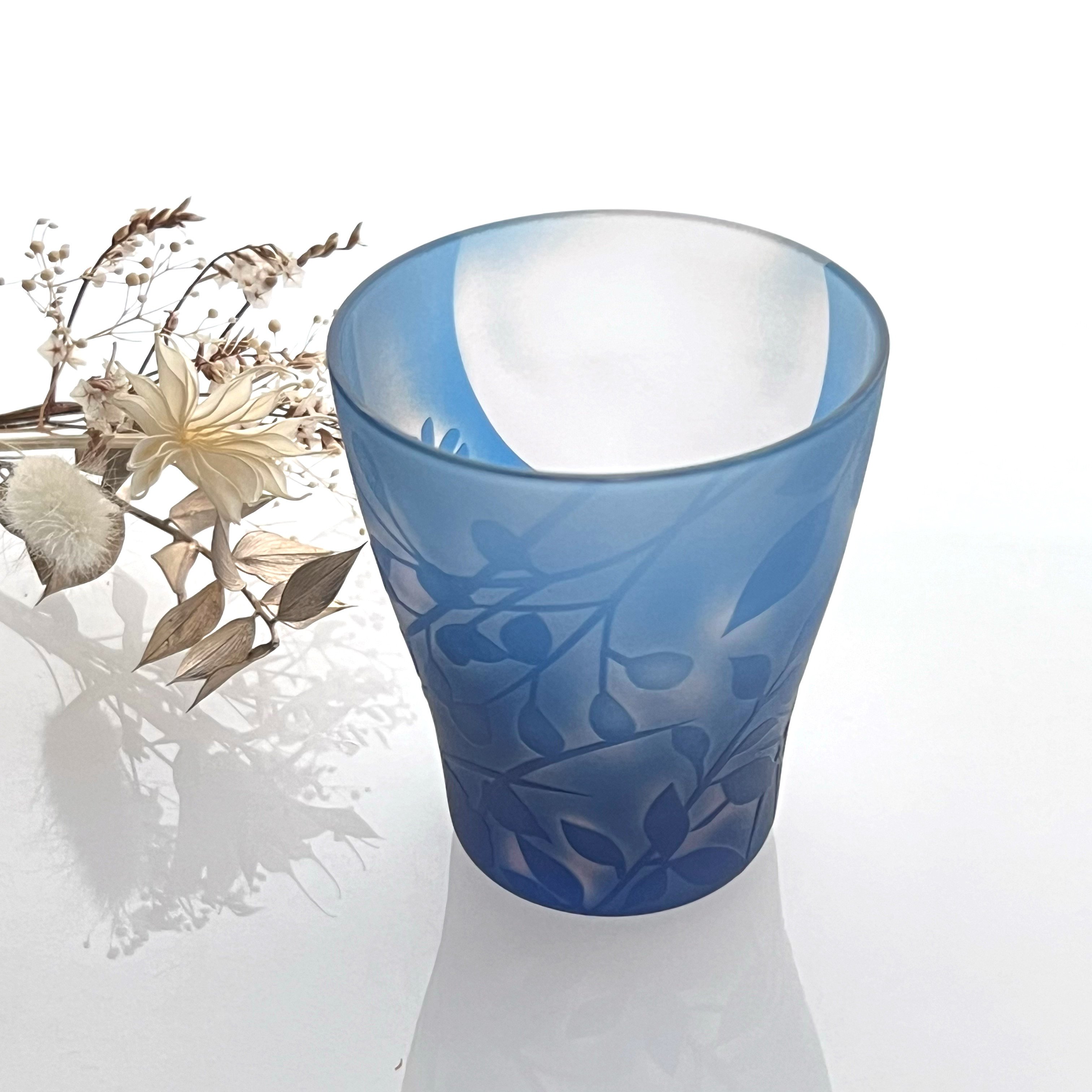 【１点限り】送料無料　〜秋の夜長に〜満月と秋草のロックグラス　オールド１個　水色ピンク　江戸硝子