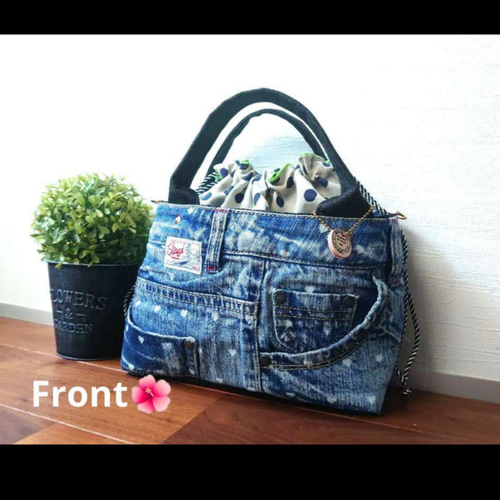No.524【レア✨ハート柄DENIM✖️POP デニムリメイク巾着トートバッグ
