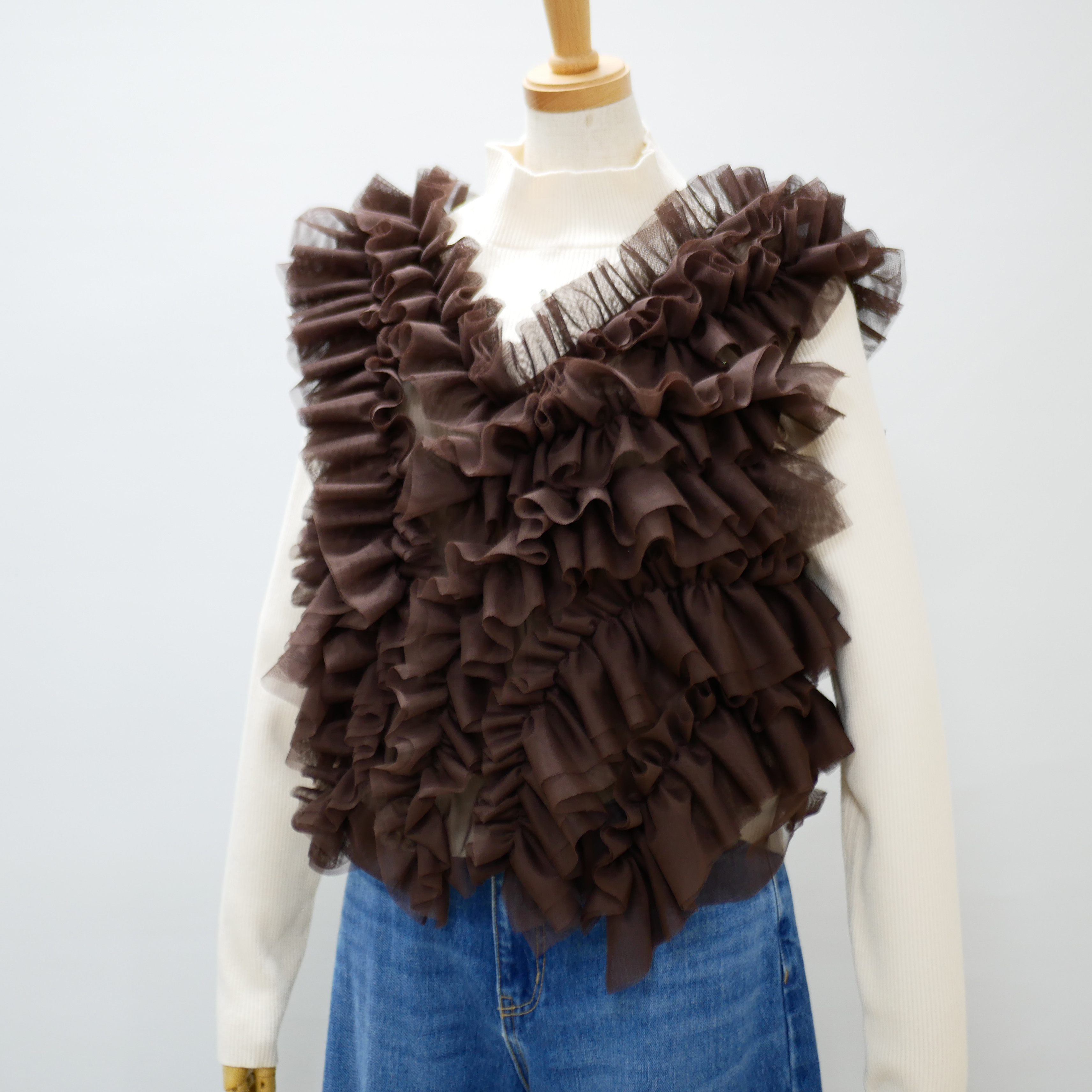 【全2カラー】オールシーズン　レイヤードふさふさチュールベスト　ブラウン