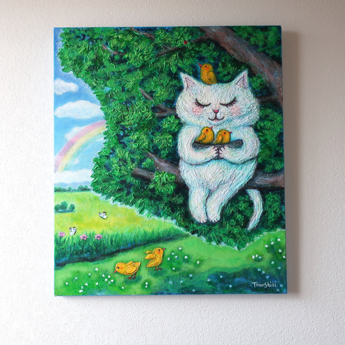 原画「雨上がりの草原の優しい猫とヒヨコたち」 F10号 #猫 #ねこ