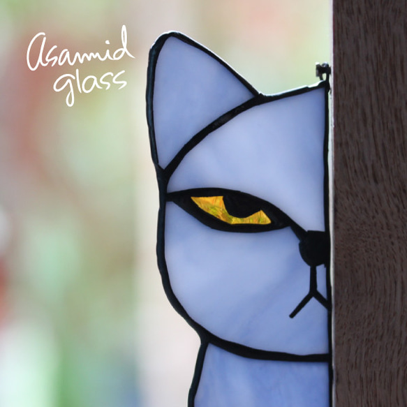 赤いリボンを巻いた白猫 ヴィンテージ ステンドグラス レア 丸型