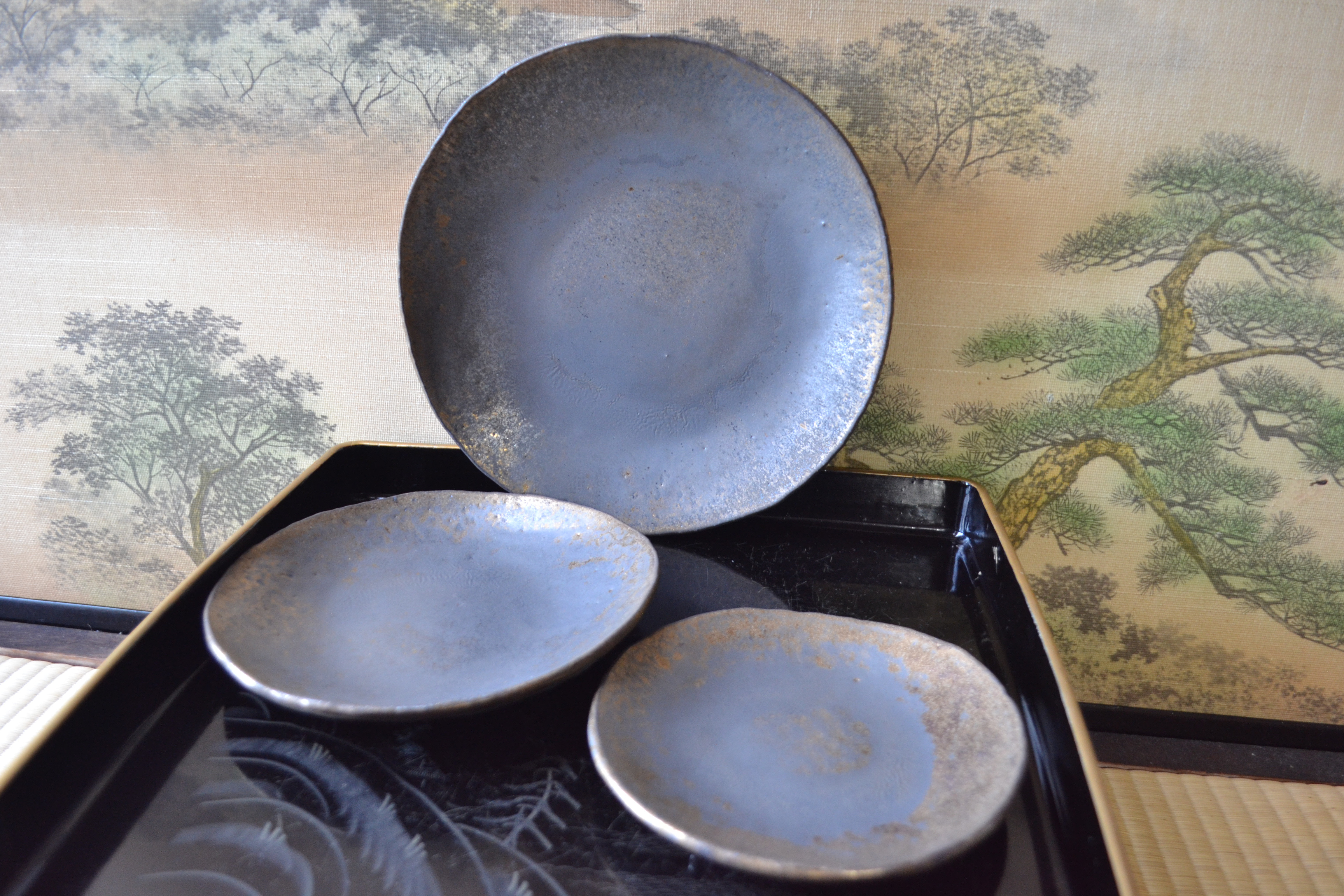 【セット特割！】豪華な皿セット大中小(炭化金彩) 大皿セット　和食器　★萩焼　ギフト　陶器