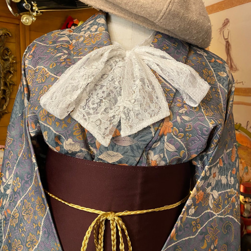 和洋折衷 着物 リメイク ロング 丈 ワンピース ドレス 洗える 化繊 帯