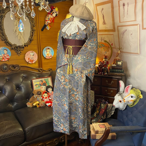 和洋折衷 着物 リメイク ロング 丈 ワンピース ドレス 洗える 化繊 帯