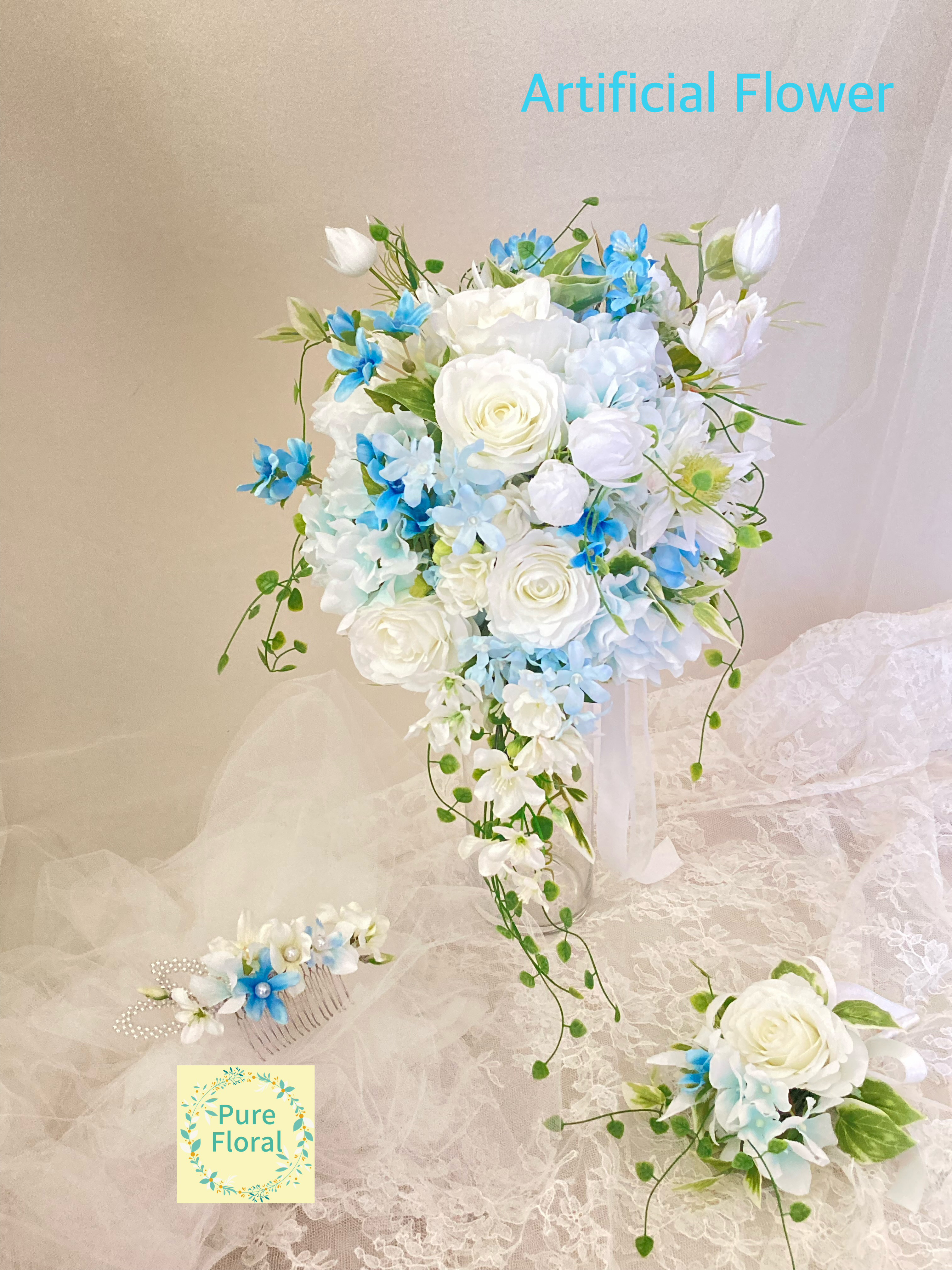 『ティアドロップブーケ』ホワイト&やさしい水色。幸せのサムシングブルーと共に 17,750円