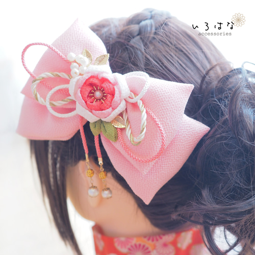 和風リボンの髪飾り つまみ細工 ピンク ヘアクリップ 大きめ