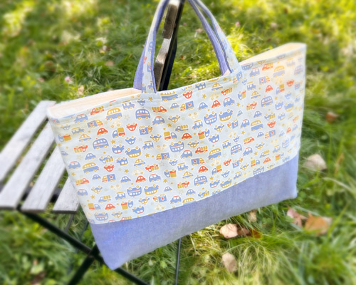 くるま柄【水色】手さげカバン⭐︎レッスンバッグ⭐︎幼稚園グッズ