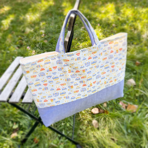 くるま柄【水色】手さげカバン⭐︎レッスンバッグ⭐︎幼稚園グッズ