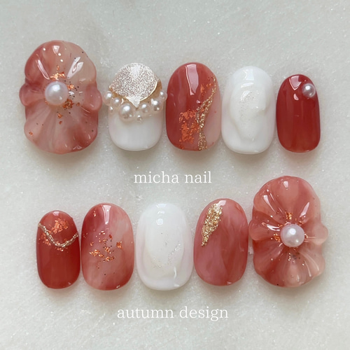 サイズオーダー】秋 ぷっくりフラワー 金箔 ネイルチップ ネイルチップ