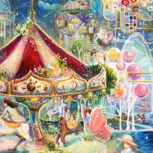 アクリル原画・ファンタシーなアート【水辺のメリーゴーランド