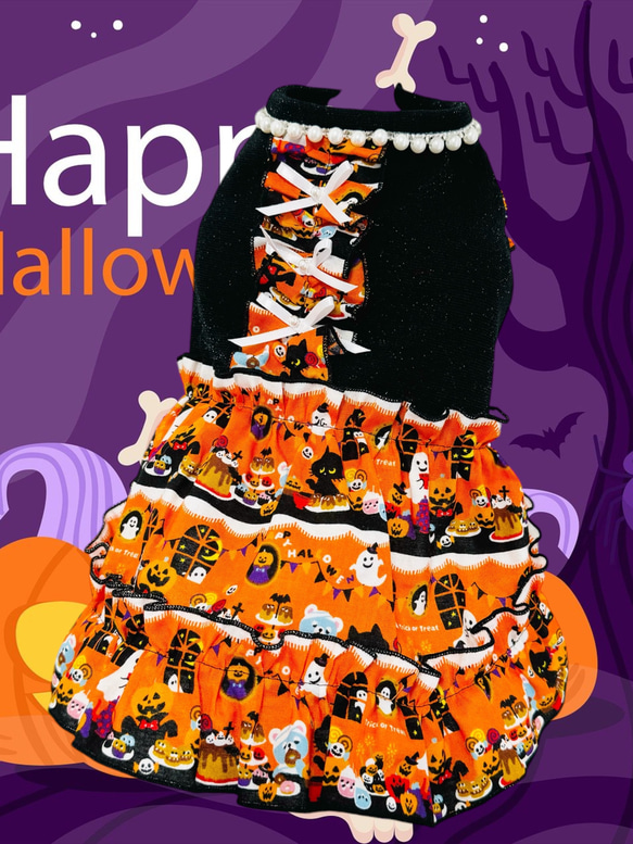 犬服ハンドメイド♡ミィモ♡ハロウィンワンピース♡ヘッドドレス 犬服／猫服 ハロウィンワンピース/オールインワン ハロウィンプリント