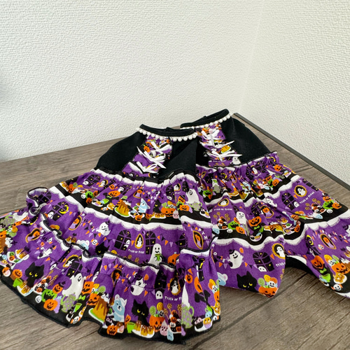 犬服 ハンドメイド ハロウィン✩.*˚ワンピース ♡ オーダー オレンジキラキラハロウィンメッシュワンピ🎃＆レースクロス