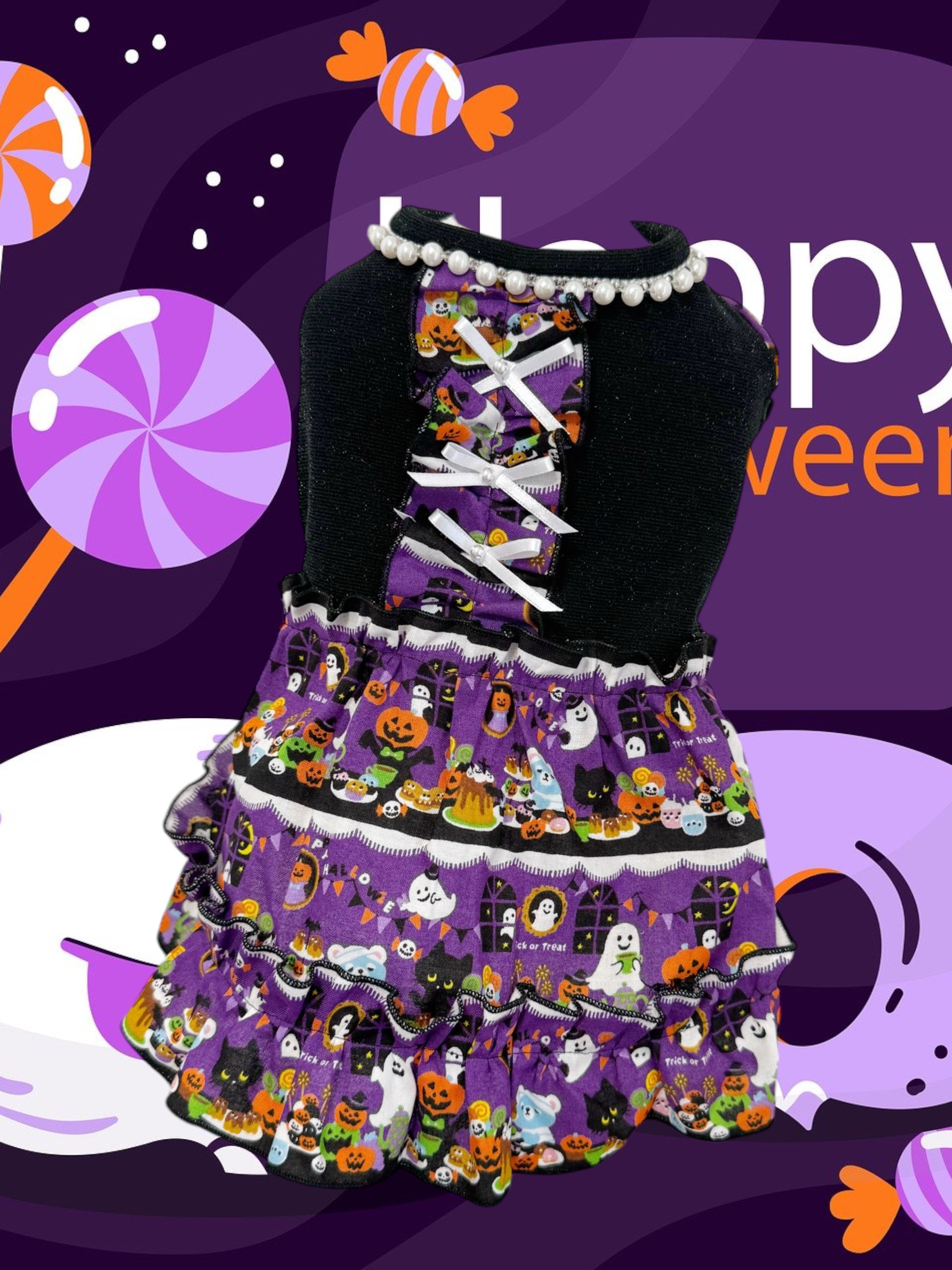 犬服／猫服　ハロウィンワンピース/オールインワン　ハロウィンプリントパープル [HW230402]