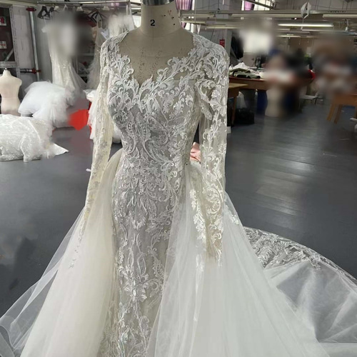 2ways総レースウエディングドレス 長袖 華やかなトレーン 取り外し  