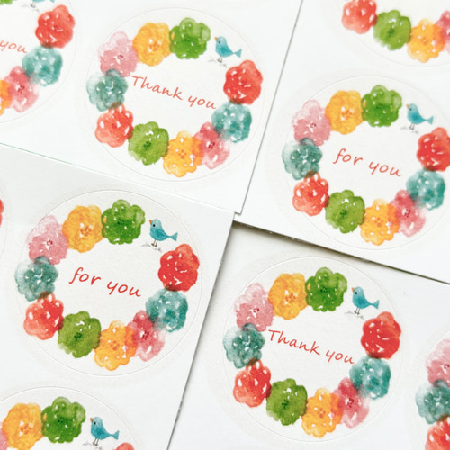 透明水彩画「鳥とお花リース」丸シール48枚 鳥 小鳥 花 フラワー