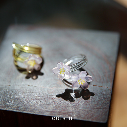 クリア桃の花リング ガラス指輪 ピーチフラワーリング オープン