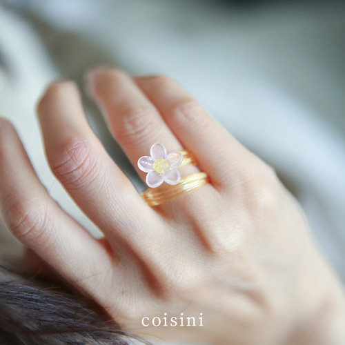 クリア桃の花リング ガラス指輪 ピーチフラワーリング オープン式