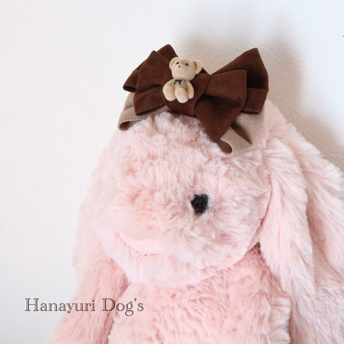 ブラウン×ベージュ スエード くまさん 犬リボン キッズ・子供リボン