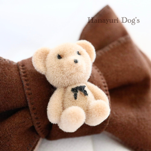 ブラウン×ベージュ スエード くまさん 犬リボン キッズ・子供リボン
