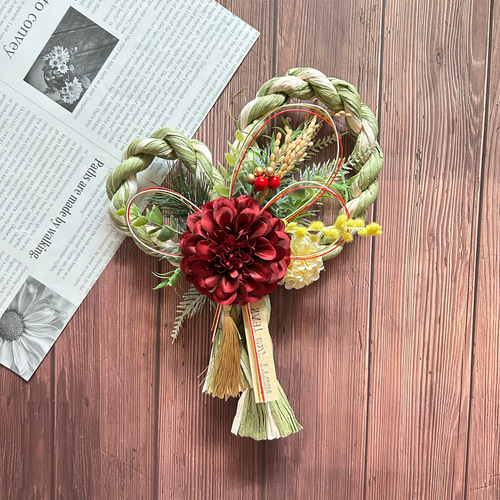 No.82 ハートのカラーしめ縄リース2025 ハンドメイドお正月飾り玄関