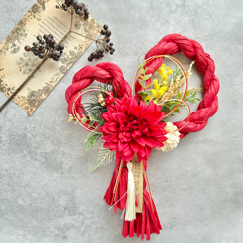 No.85 ハートのカラーしめ縄リース2025 ハンドメイドお正月飾り玄関