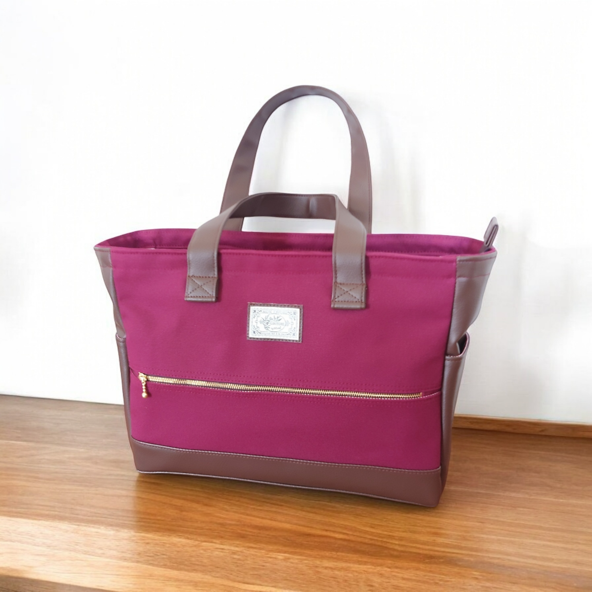 ワインレッド帆布と焦げ茶の合皮の四角いトートバッグ2(横型）（受注製作)