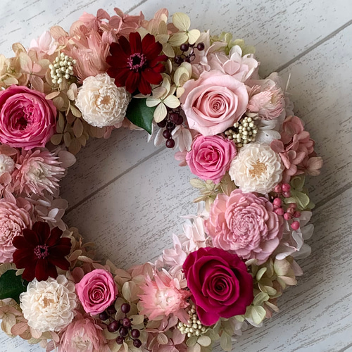 ローズガーデンリース✤ピンク&ワインカラー✤プリザーブドフラワー