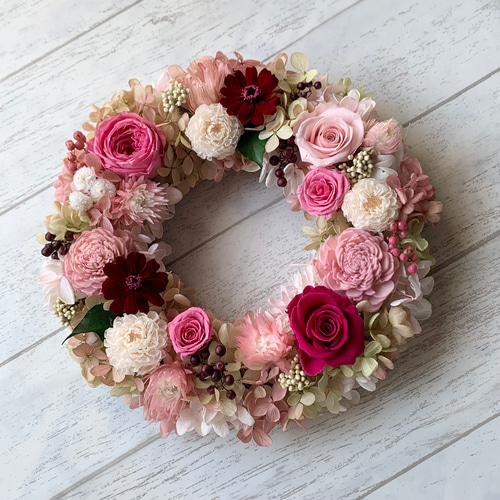 フラワー・リース Ryo ローズガーデンリース✤ピンク&ワインカラー✤プリザーブドフラワー