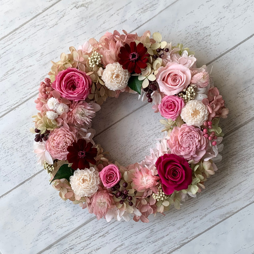 受注制作] ローズガーデンリース✤ピンク&ワインカラー✤プリザーブド