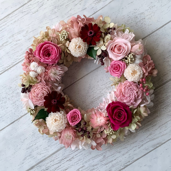 ローズガーデンリース✤ピンク&ワインカラー✤プリザーブドフラワー