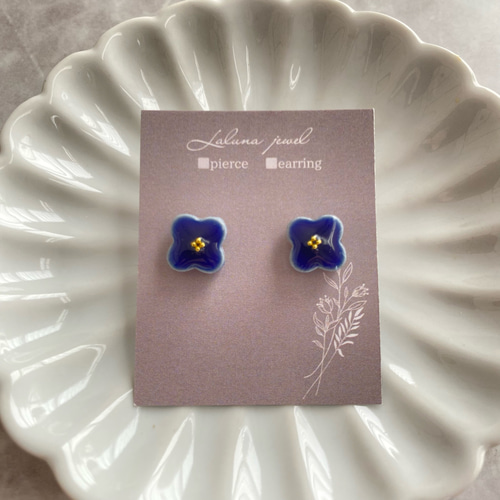 美濃焼✳︎【ネイビーブルー】フラワーピアス／イヤリング