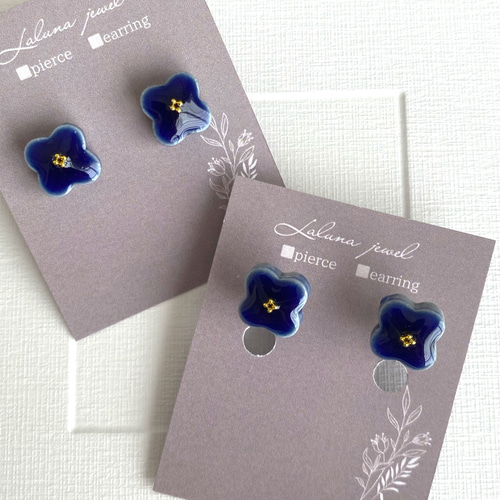 美濃焼✳︎【ネイビーブルー】フラワーピアス／イヤリング ピアス