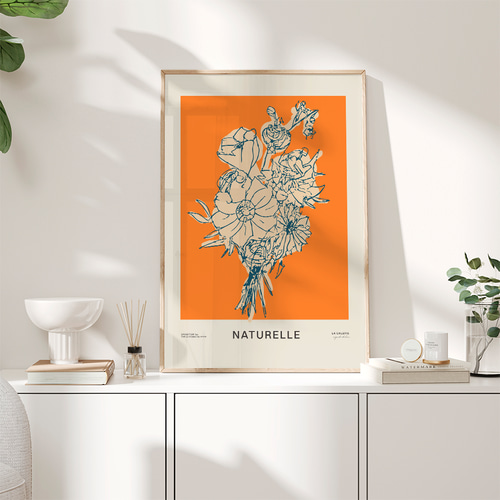 アートポスター 花 線画 ボタニカル オレンジ 北欧風 モダン シンプル