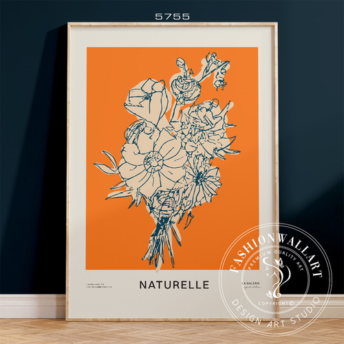 アートポスター 花 線画 ボタニカル オレンジ 北欧風 モダン シンプル