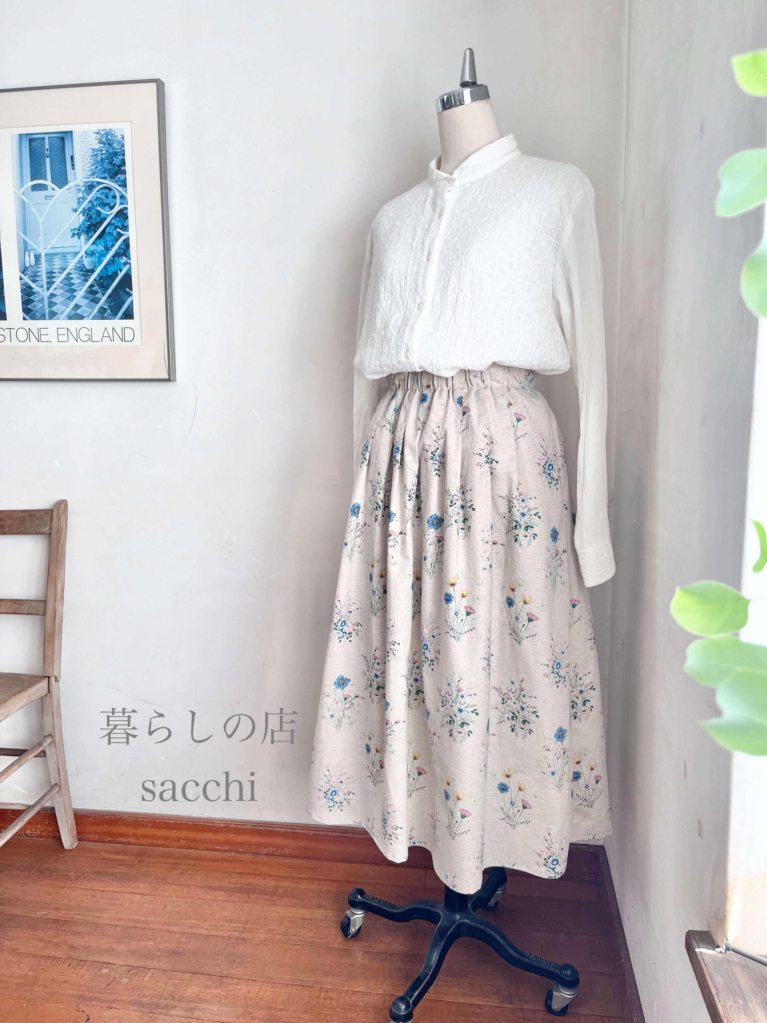 アネモネスカート　裏付　コットンリネンスラブ　ブーケ柄　ナチュラル×ピンク　＊暮らしの店sacchi＊