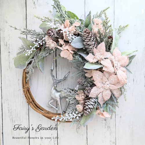 商品名【聖輝】あいみょん❤ポインセチアとローズのクリスマスリース 聖夜を飾るポインセチアの刺繍リース | ami embroidery