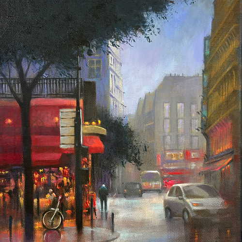 オリジナルアート作品「雨のパリ」アクリル画、手描き、1点物、真筆