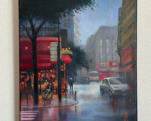 水彩アート「雨のパリ　Ⅰ」1点物、真筆 f205a5db475ef90acfaa8513c09944