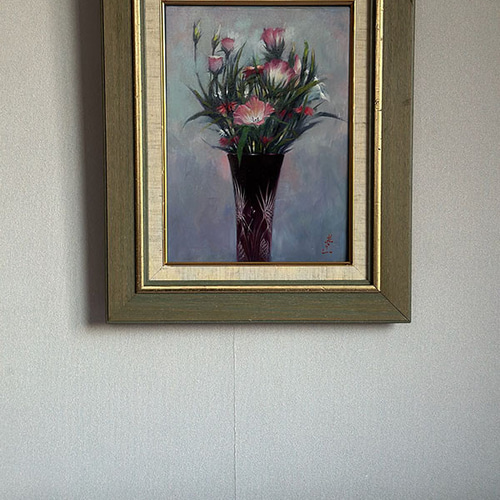 アクリルアート「赤い江戸切子と桔梗、撫子」1点物、手描き、真筆。