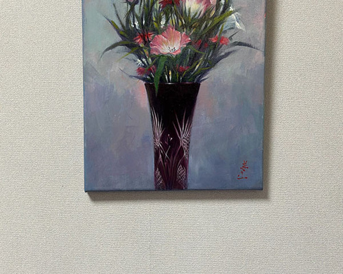 アクリルアート「赤い江戸切子と桔梗、撫子」1点物、手描き、真筆