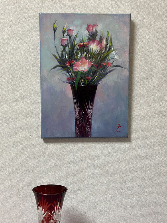 アクリルアート「赤い江戸切子と桔梗、撫子」１点物、手描き、真筆。 アクリルアート「赤い江戸切子と桔梗、撫子」1点物、手描き、真筆。