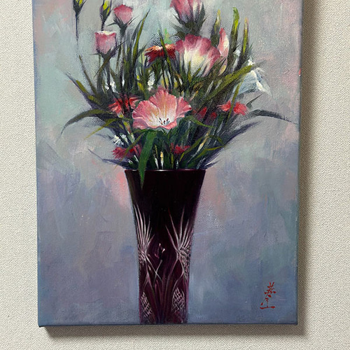 アクリルアート「赤い江戸切子と桔梗、撫子」1点物、手描き、真筆。