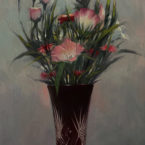 アクリルアート「赤い江戸切子と桔梗、撫子」１点物、手描き、真筆。 アクリルアート「赤い江戸切子と桔梗、撫子」1点物、手描き、真筆。