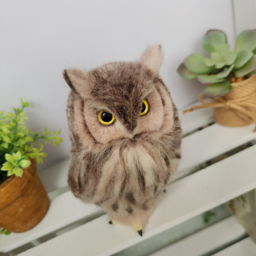 羊毛フェルト 置物　アフリカオオコノハズク　 約18cm 羊毛フェルト フクロウ アフリカオオコノハズク ミニサイズ 羊毛
