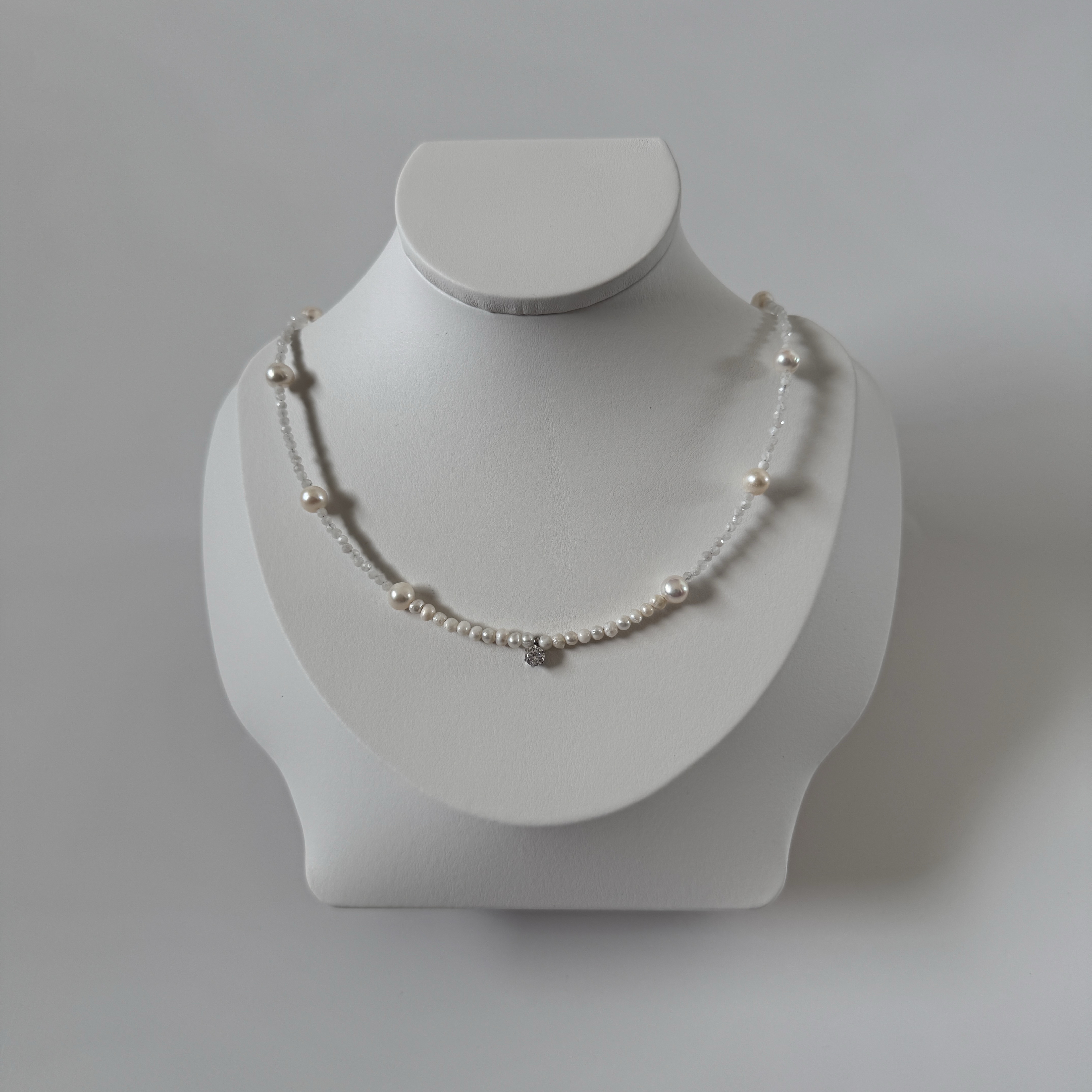 ［ ムーンストーン ］淡水パールネックレス ＊ バロックパール サージカルステンレス　誕生日 キュービックジルコニア